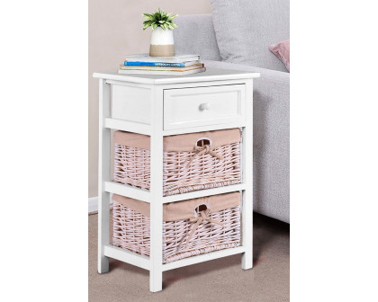 FaFurn - White Wooden 1-Drawer End Table Nightstand with 2 Baskets