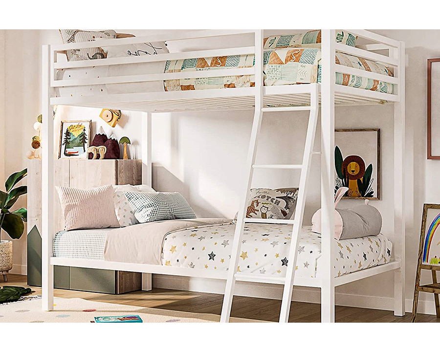 FaFurn Twin Over Twin Modern Metal Bunk Bed Frame with Ladder - White