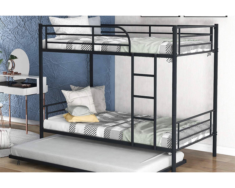 FaFurn - Twin Over Twin Bunk Bed with Trundle Bed in Black Metal Finish