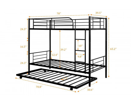 FaFurn - Twin Over Twin Bunk Bed with Trundle Bed in Black Metal Finish