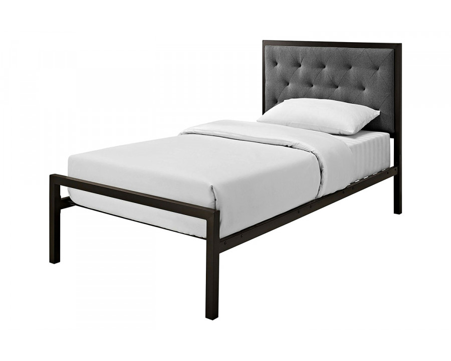 FaFurn - Twin Metal Platform Bed with Gray Fabric Button Tufted Upholstered Headboard