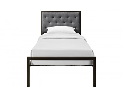 FaFurn - Twin Metal Platform Bed with Gray Fabric Button Tufted Upholstered Headboard