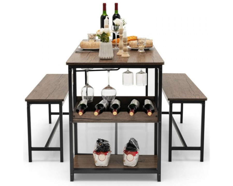 FaFurn - 3-Piece Modern Dining Set with 2 Benches and Wine Rack in Coffee, Wood/Metal