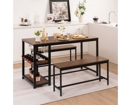 FaFurn - 3-Piece Modern Dining Set with 2 Benches and Wine Rack in Coffee, Wood/Metal