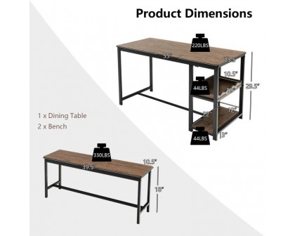 FaFurn - 3-Piece Modern Dining Set with 2 Benches and Wine Rack in Coffee, Wood/Metal