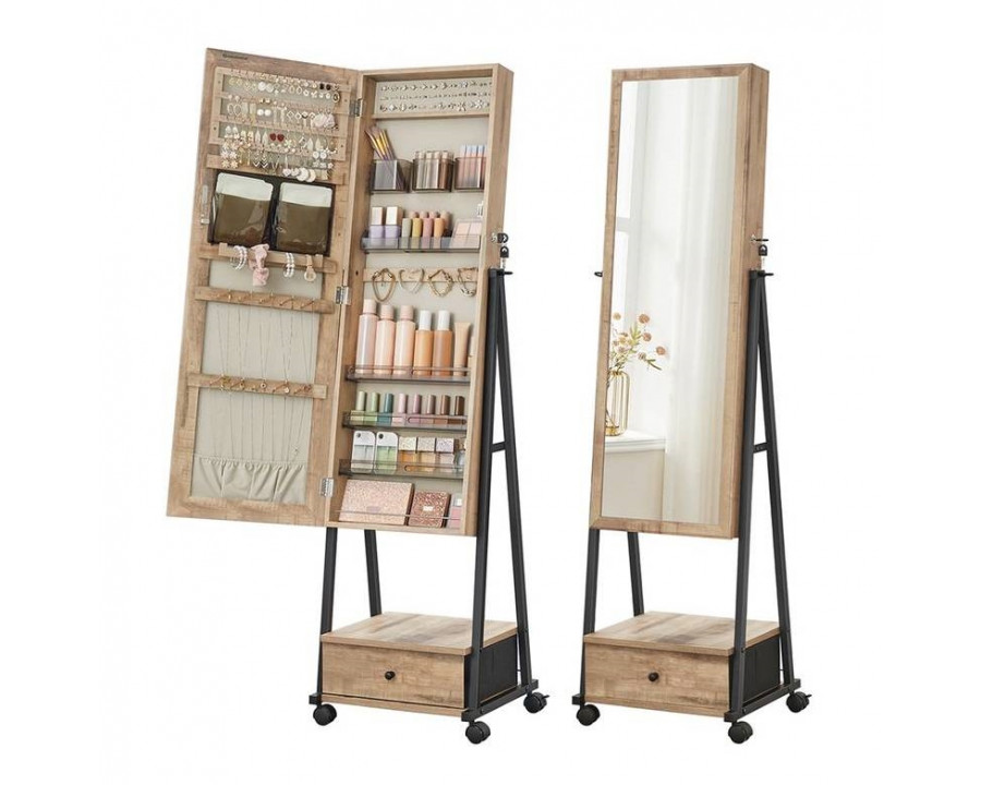 FaFurn - Modern Jewelry Armoire Cabinet Organizer Mirror on Wheels