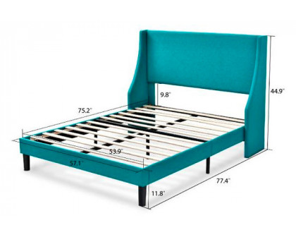 FaFurn Full Size Platform Bed with Wingback Headboard - Turquoise, Fabric