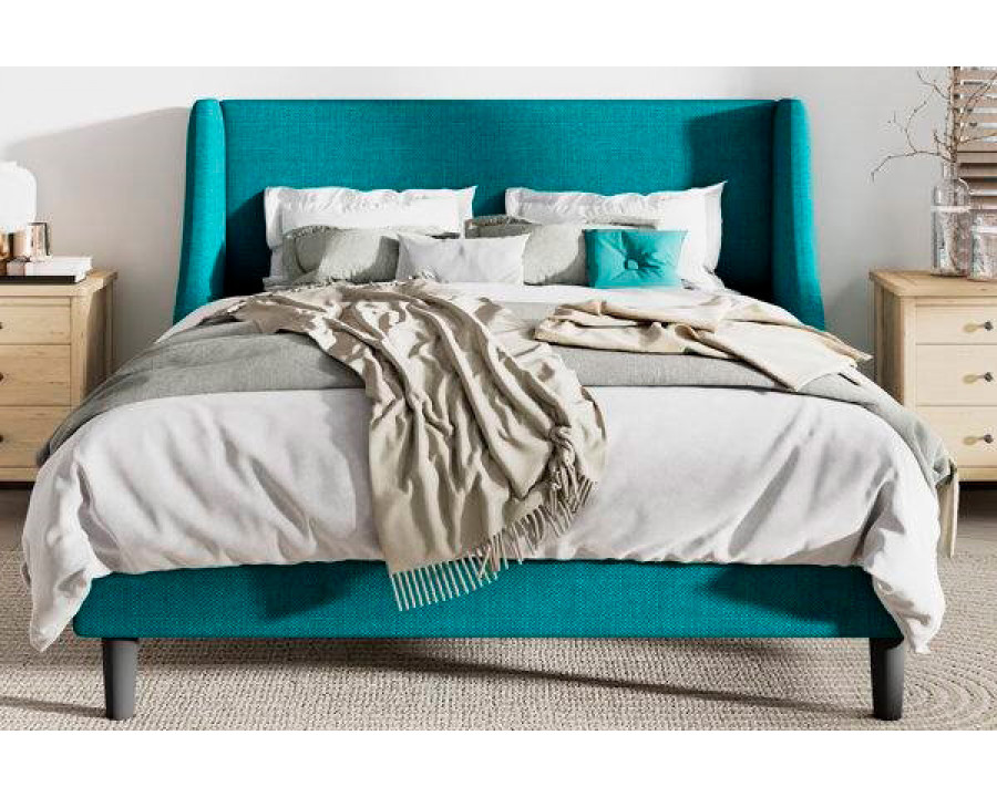 FaFurn King Size Platform Bed with Headboard Wingback - Turquoise, Fabric