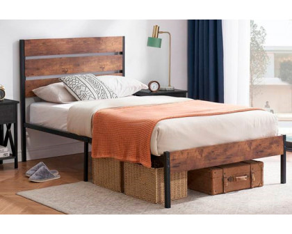 FaFurn - Industrial Platform Bed with Wood Slatted Headboard (BWPBHF4239587)