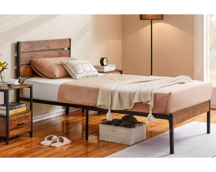 FaFurn Industrial Twin Size Platform Bed with Wood Slatted Headboard - Brown, Wood