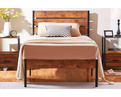 FaFurn Industrial Twin Size Platform Bed with Wood Slatted Headboard - Brown, Wood