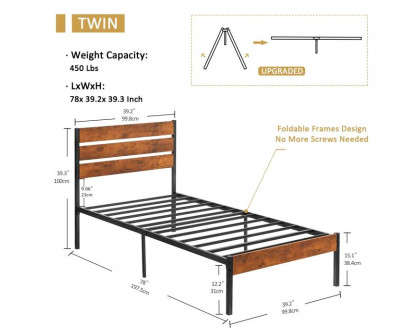 FaFurn Industrial Twin Size Platform Bed with Wood Slatted Headboard - Brown, Wood