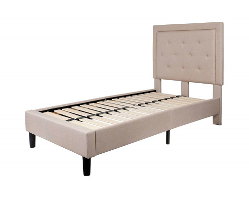 FaFurn Upholstered Platform Bed Frame with Button Tufted Headboard - Beige, Twin Size