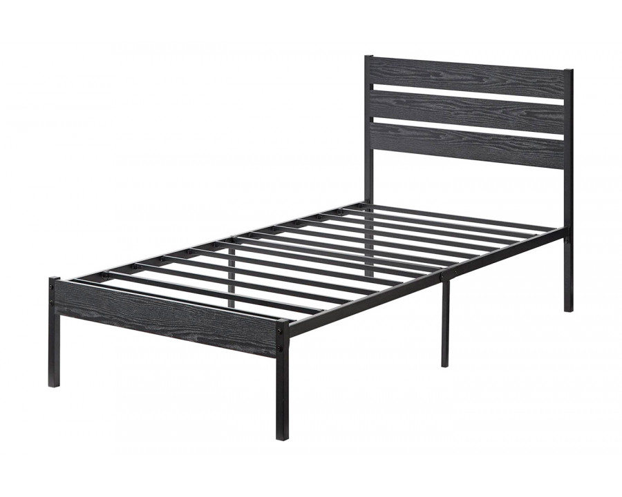 FaFurn Industrial Twin Size Platform Bed with Wood Slatted Headboard - Black, Wood