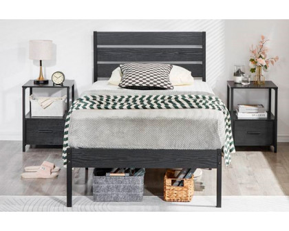 FaFurn Industrial Twin Size Platform Bed with Wood Slatted Headboard - Black, Wood