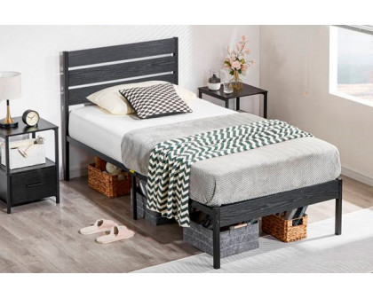 FaFurn Industrial Twin Size Platform Bed with Wood Slatted Headboard - Black, Wood