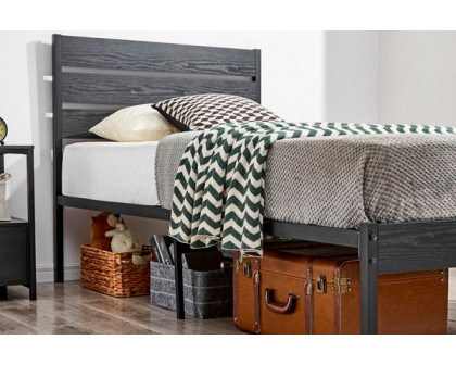 FaFurn Industrial Twin Size Platform Bed with Wood Slatted Headboard - Black, Wood