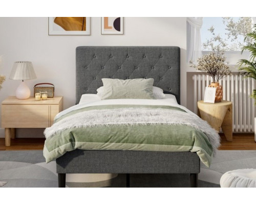 FaFurn - Twin Size Gray Upholstered Button Tufted Headboard Platform Bed