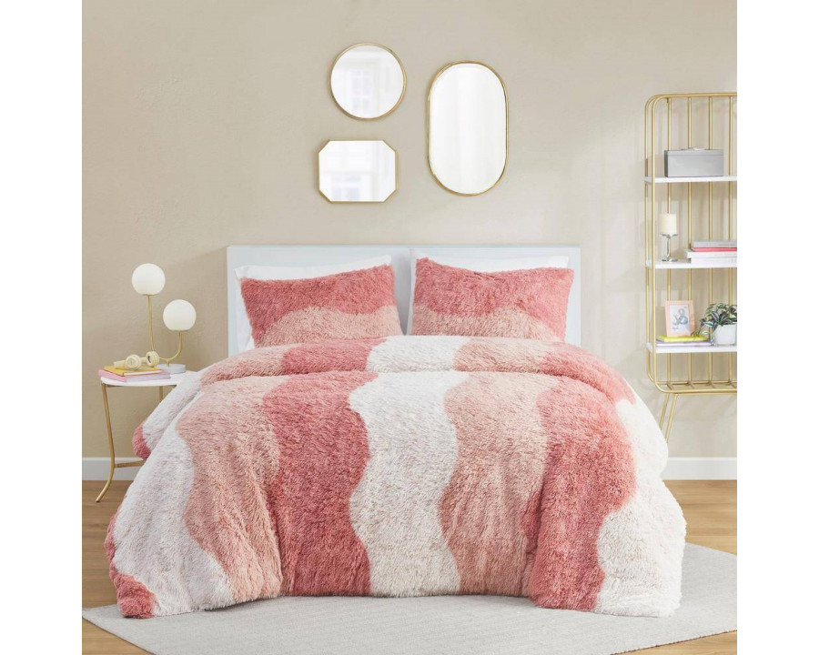 FaFurn - 2-Piece Reversible Twin/Twin XL Size Comforter Set in Pink/White, Soft Sherpa Faux Fur