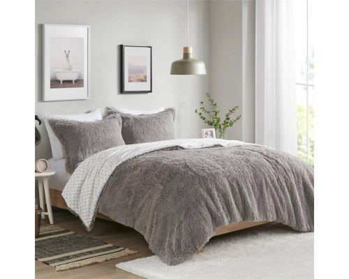 FaFurn 2-Piece Reversible Twin/Twin XL Size Comforter Set - Gray, Soft Sherpa Faux Fur