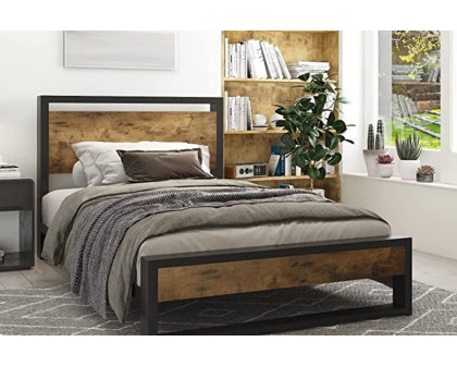 FaFurn Modern Farmhouse Platform Bed Frame with Wood Panel Headboard Footboard - Wood/Black, Twin Size