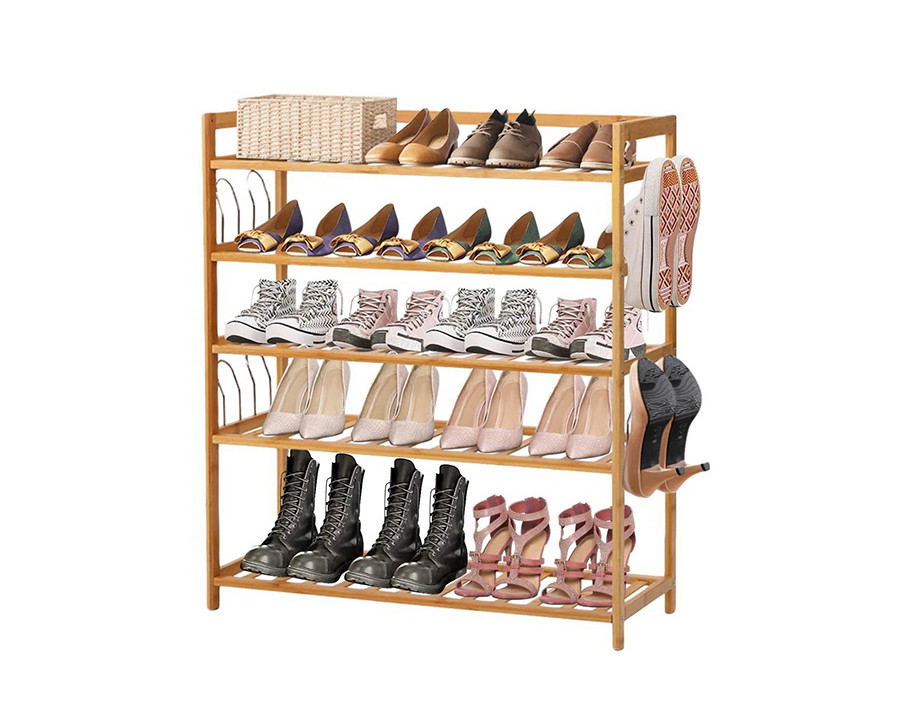 FaFurn - Bamboo 5-Shelf Multifunctional Shoe Rack Holds Up To 20 Pair of Shoes