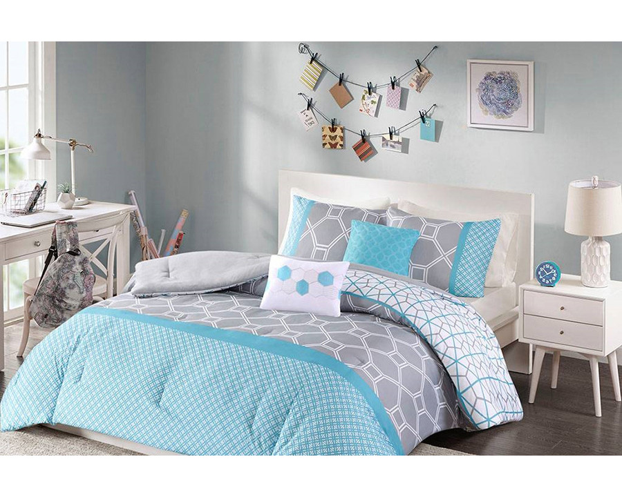 FaFurn - Twin/Twin Xl 4-Piece Teal Blue Gray White Geometric Comforter Set