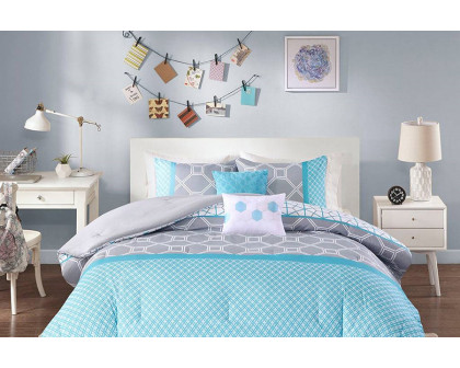 FaFurn - Twin/Twin Xl 4-Piece Teal Blue Gray White Geometric Comforter Set