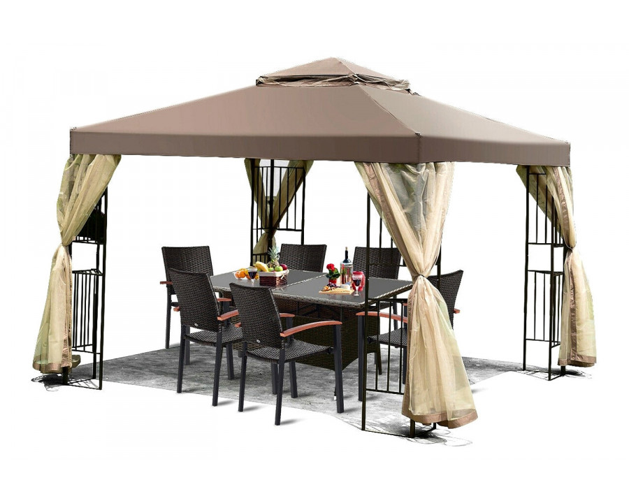 FaFurn - 10 X 10 Ft Outdoor Patio Gazebo with Taupe Brown Canopy and Mesh Sidewalls