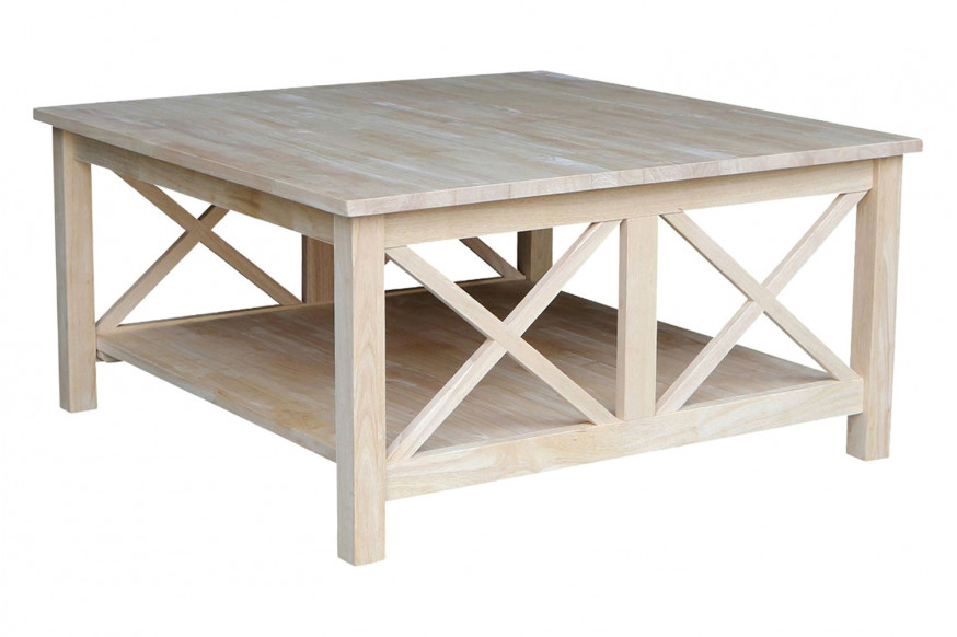 FaFurn™ - Square Unfinished Solid Wood Coffee Table with Bottom Shelf