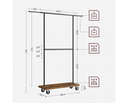 FaFurn - Garment Rack Clothes on Wheels in Brown, Steel