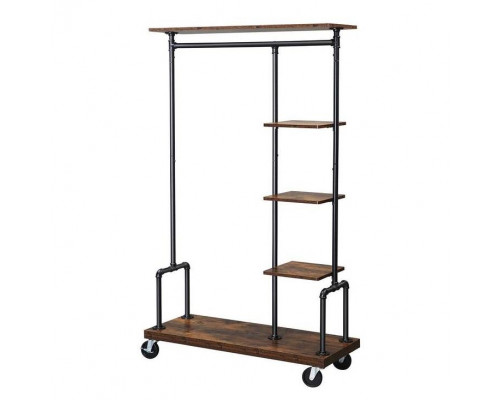 FaFurn - Garment Rack Clothes with Wood Storage Shelves on Wheels in Brown, Iron