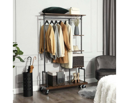 FaFurn - Garment Rack Clothes with Wood Storage Shelves on Wheels in Brown, Iron