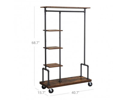 FaFurn - Garment Rack Clothes with Wood Storage Shelves on Wheels in Brown, Iron