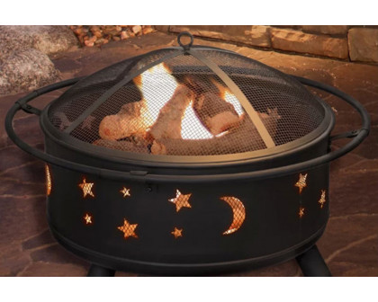 FaFurn - Heavy Duty Steel Metal Wood Burning Fire Pit with Moon and Stars Cutouts