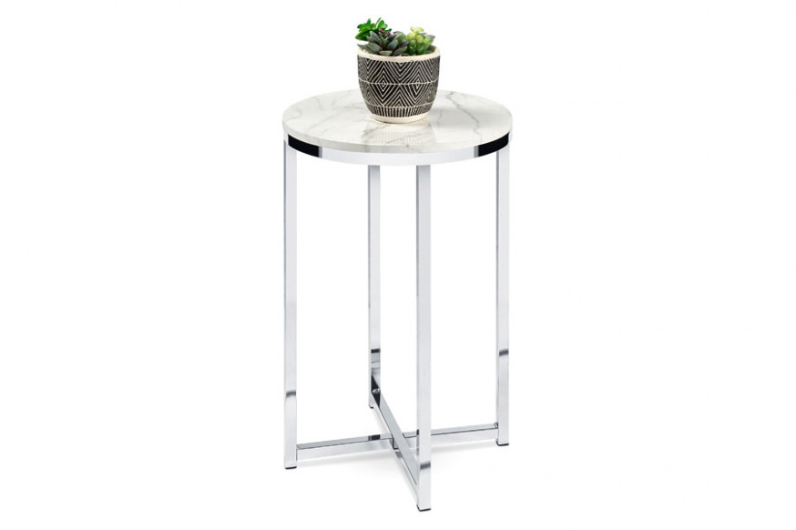 FaFurn™ Round Cross Leg Design Coffee Side Table Nightstand with Faux Marble Top - White/Chrome