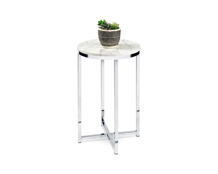 FaFurn Round Cross Leg Design Coffee Side Table Nightstand with Faux Marble Top - White/Chrome