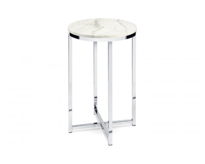 FaFurn™ Round Cross Leg Design Coffee Side Table Nightstand with Faux Marble Top - White/Chrome