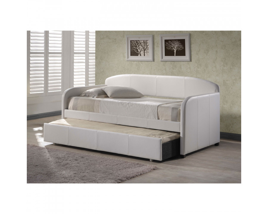 FaFurn - Modern Twin Size Daybed with Roll-out Trundle in White, Leather