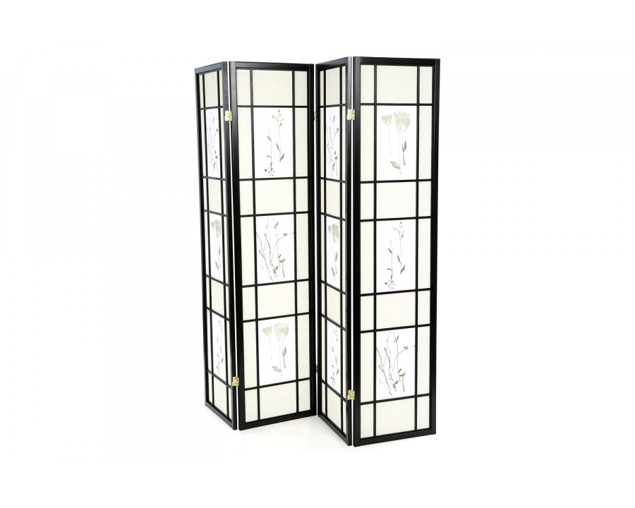 FaFurn - Black 4-Panel Room Divider Shoji Screen with Asian Floral Print