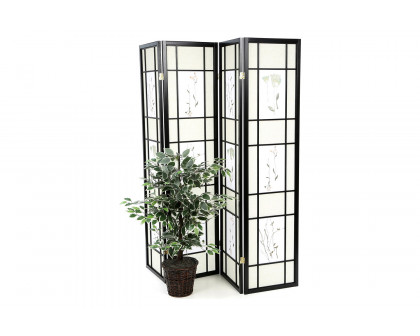 FaFurn - Black 4-Panel Room Divider Shoji Screen with Asian Floral Print