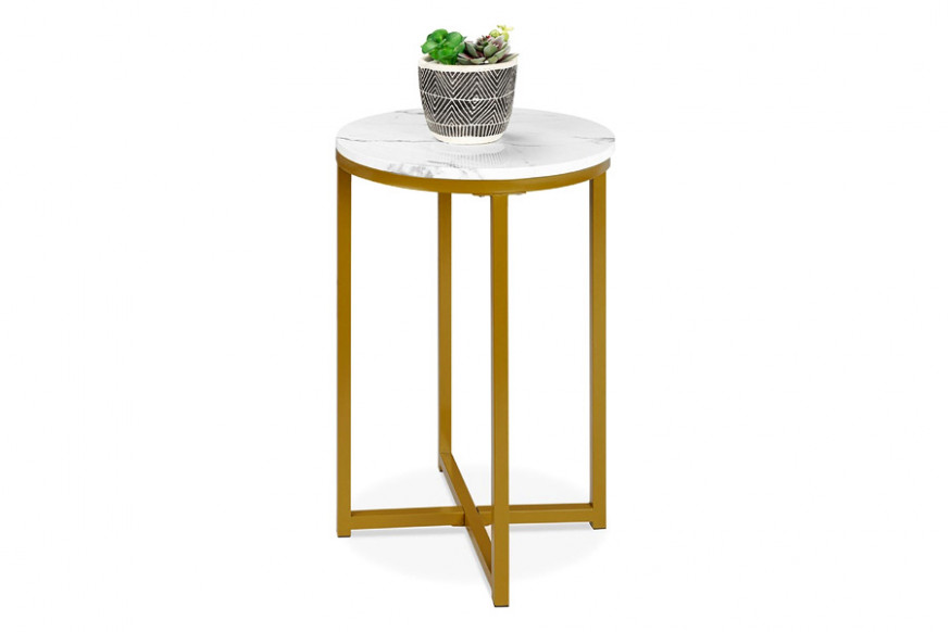 FaFurn™ Round Cross Leg Design Coffee Side Table Nightstand with Faux Marble Top - White/Gold