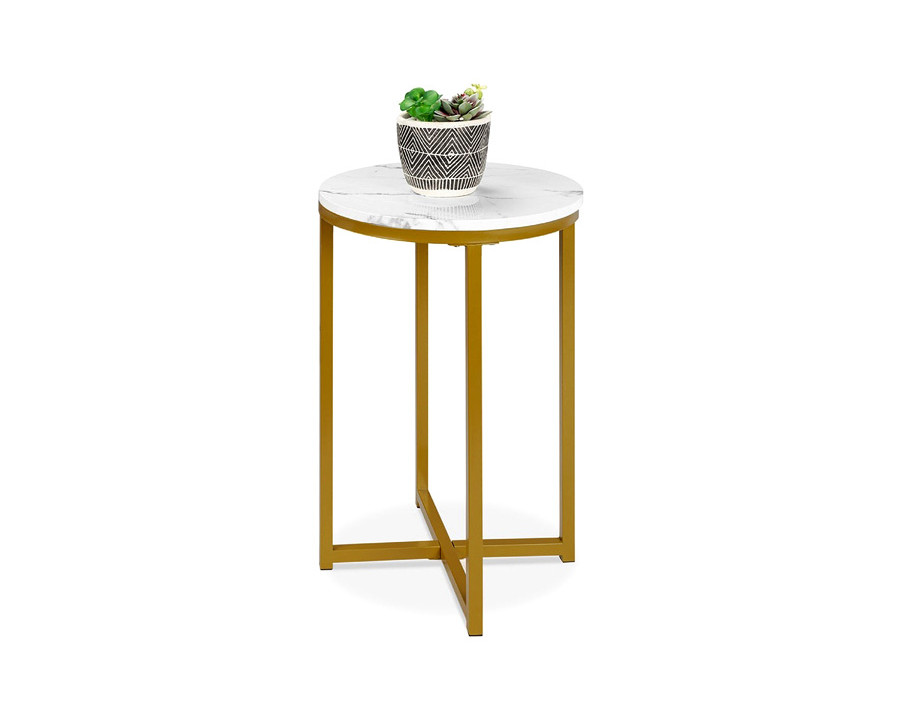 FaFurn Round Cross Leg Design Coffee Side Table Nightstand with Faux Marble Top - White/Gold