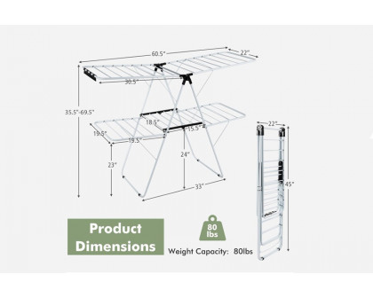 FaFurn - White 2 Level Foldable Clothes Drying Rack Adjustable Height