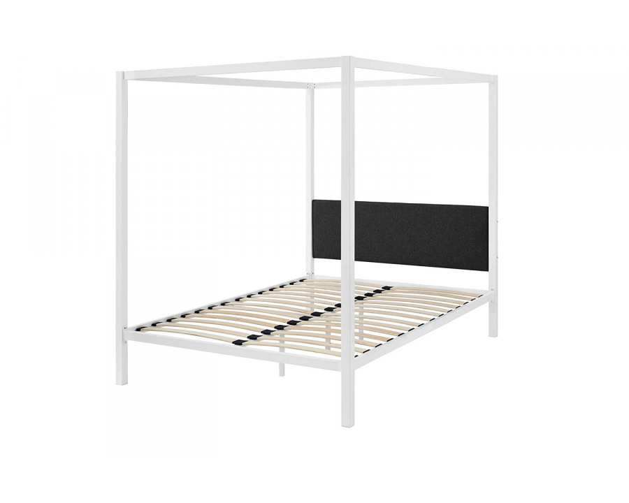 FaFurn Queen Size Metal Canopy Bed Frame with Gray Fabric Upholstered Headboard - White