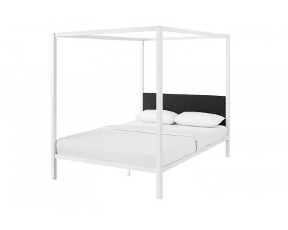 FaFurn Queen Size Metal Canopy Bed Frame with Gray Fabric Upholstered Headboard - White