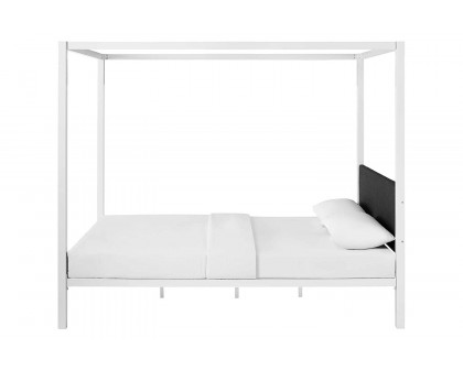 FaFurn Queen Size Metal Canopy Bed Frame with Gray Fabric Upholstered Headboard - White