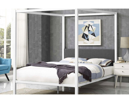 FaFurn - Metal Canopy Bed Frame with Gray Fabric Upholstered Headboard