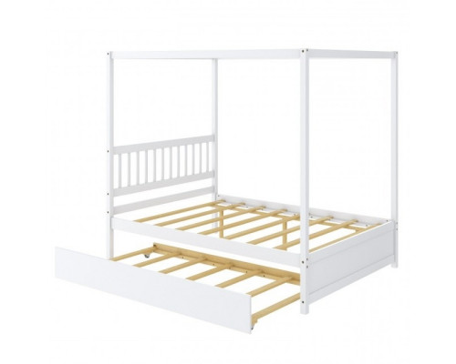 FaFurn - Full Size Canopy Platform Bed with Twin Roller Trundle Bed in White