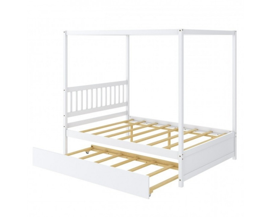 FaFurn - Full Size Canopy Platform Bed with Twin Roller Trundle Bed in White